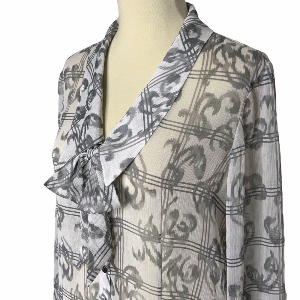 Pendleton Bow Button Front Semi Sheer Gray White … - image 1